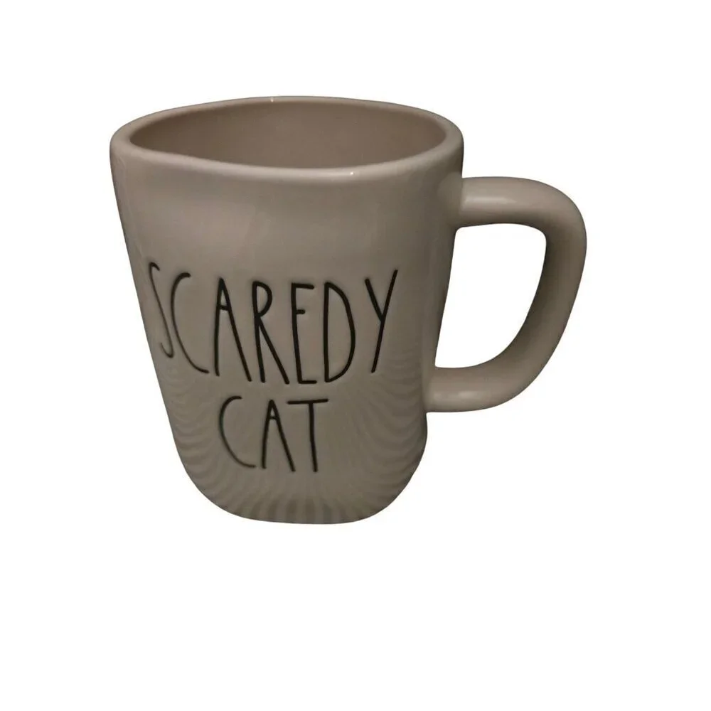 NWT Rae Dunn Artisan Halloween Scaredy Cat Coffee Mug Double Sided Skeleton